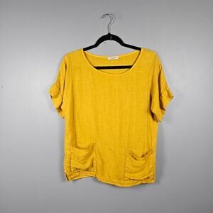 Francesca Bettini Womens S Linen Pocket Blouse Short Sleeve Casual Yellow